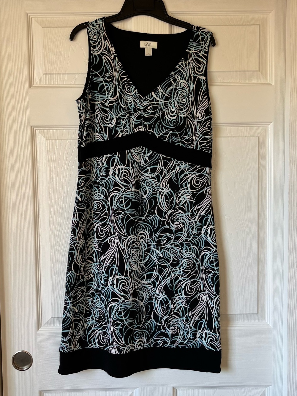 LOFT Black Midi Dress with White & Light Blue Swirl Print